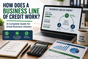 Business owner reviewing how a business line of credit works with financial charts and loan documents