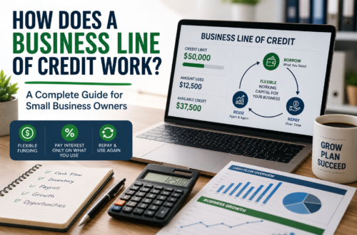 Business owner reviewing how a business line of credit works with financial charts and loan documents