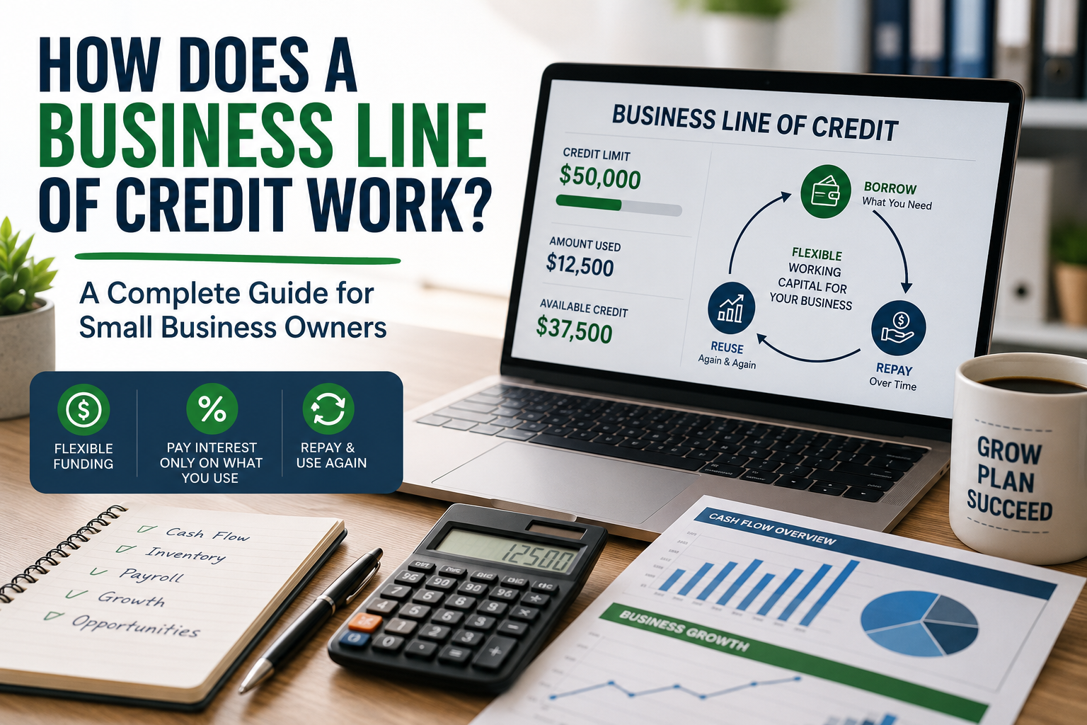 Business owner reviewing how a business line of credit works with financial charts and loan documents