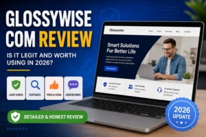 Glossywise Com website review displayed on a laptop with security and trust indicators