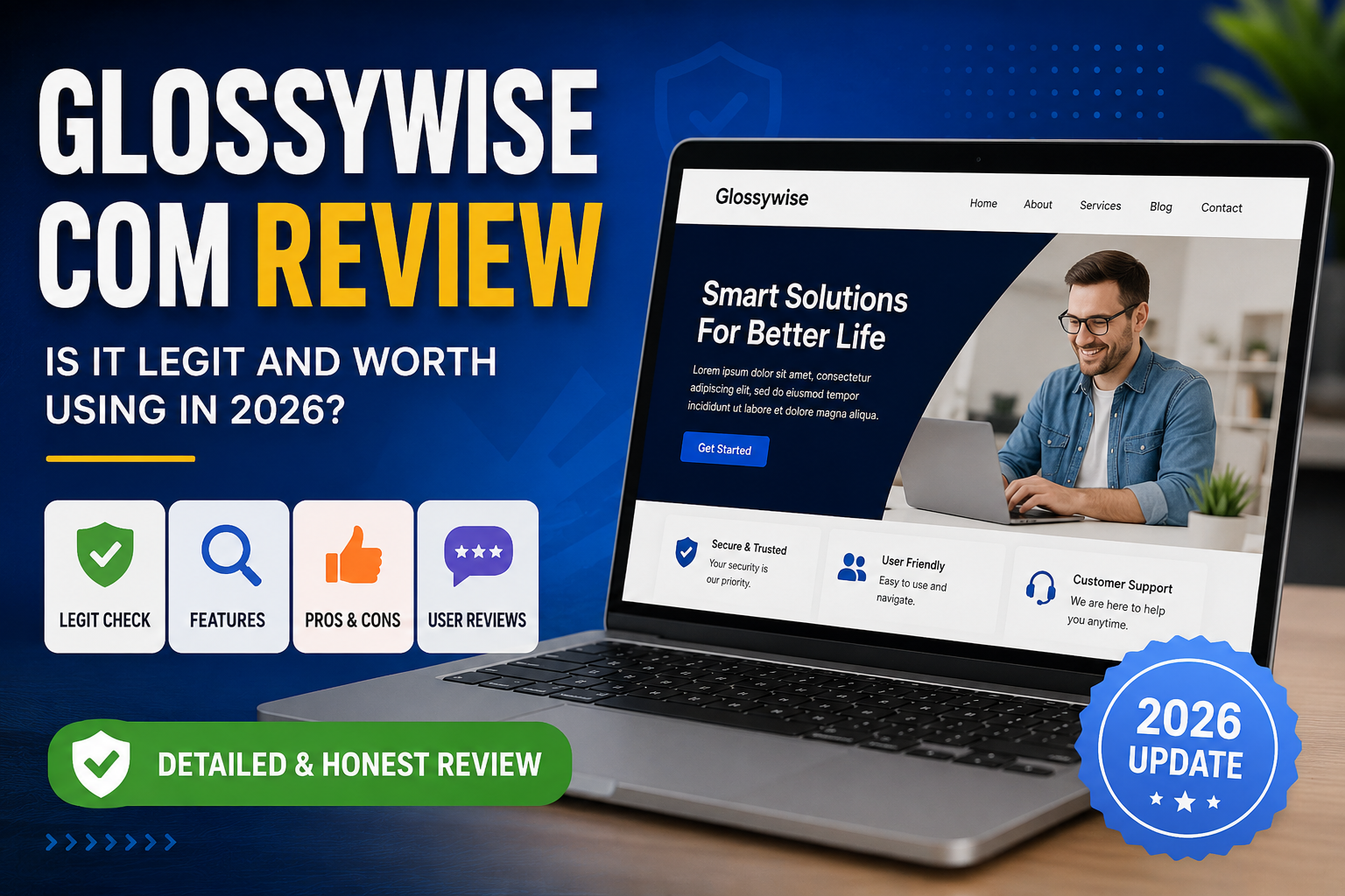 Glossywise Com website review displayed on a laptop with security and trust indicators