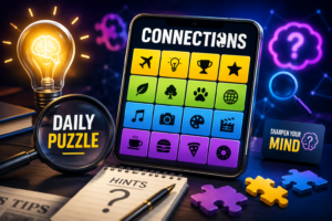 Mashable Connections Hint Today puzzle guide with colorful word groups and hints