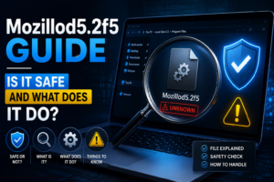 Illustration explaining Mozillod5.2f5, its safety, and how to check unknown files on a computer.