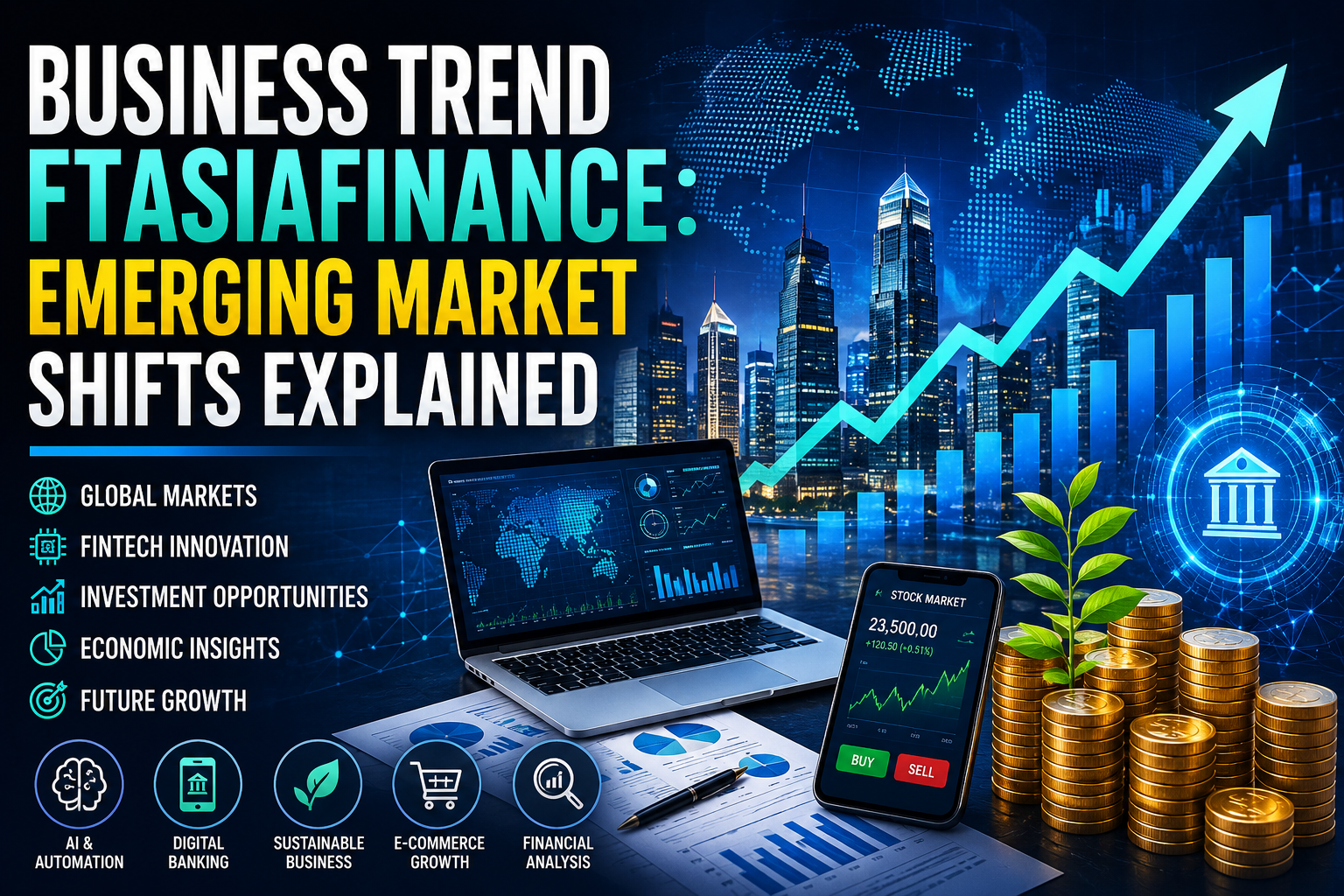 Business Trend FTAsiaFinance showing global market trends, fintech growth, AI innovation, and financial analysis.