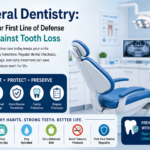General dentistry checkup showing preventive dental care, healthy teeth, oral examination, and tooth loss prevention by a professional dentist.