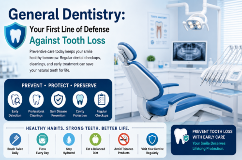 General dentistry checkup showing preventive dental care, healthy teeth, oral examination, and tooth loss prevention by a professional dentist.
