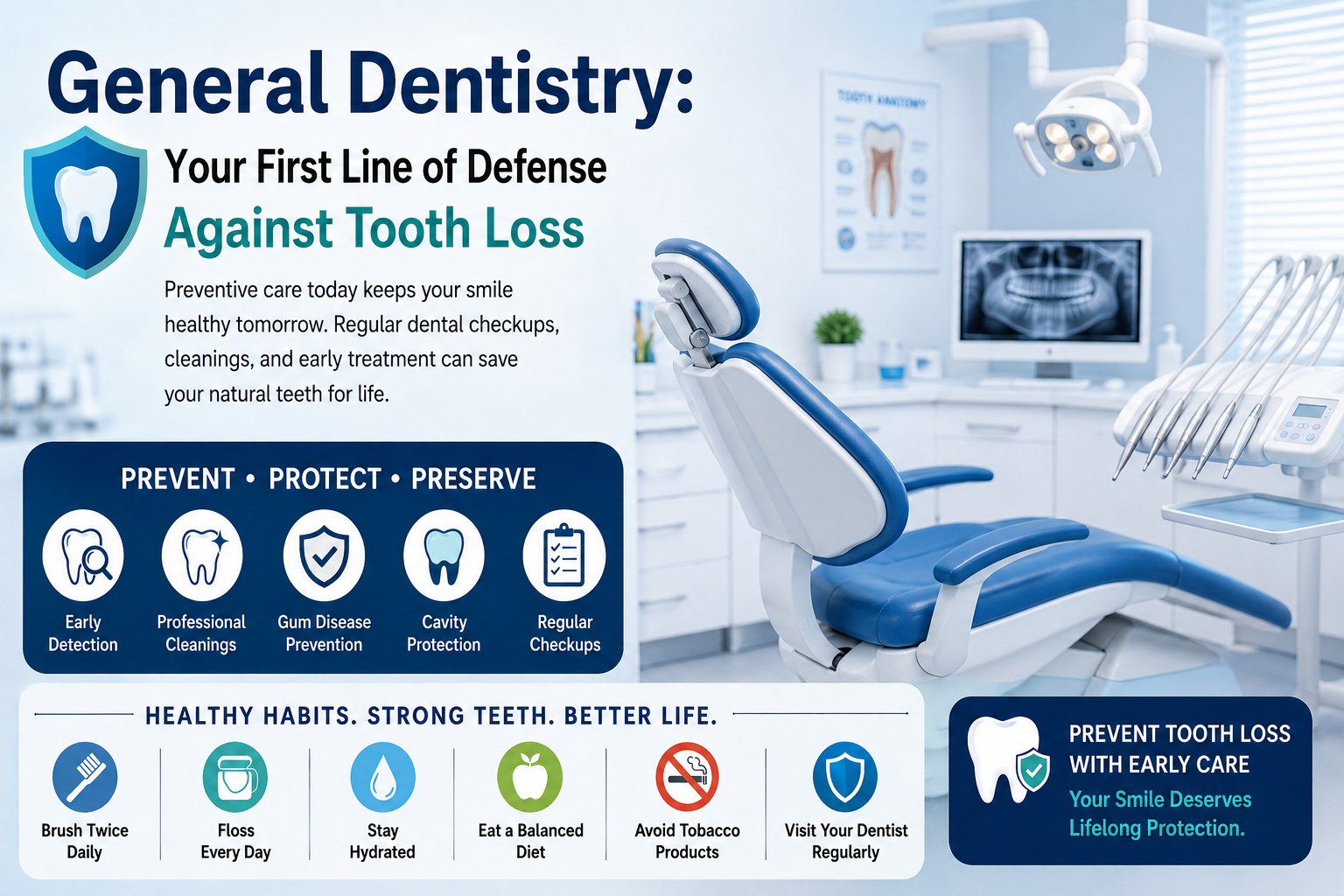 General dentistry checkup showing preventive dental care, healthy teeth, oral examination, and tooth loss prevention by a professional dentist.