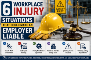 Workplace safety illustration showing protective equipment, safety signs, and employer liability concepts for preventing workplace injuries.