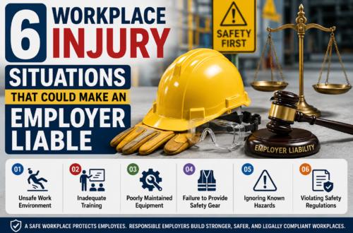 Workplace safety illustration showing protective equipment, safety signs, and employer liability concepts for preventing workplace injuries.