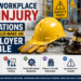 Workplace safety illustration showing protective equipment, safety signs, and employer liability concepts for preventing workplace injuries.