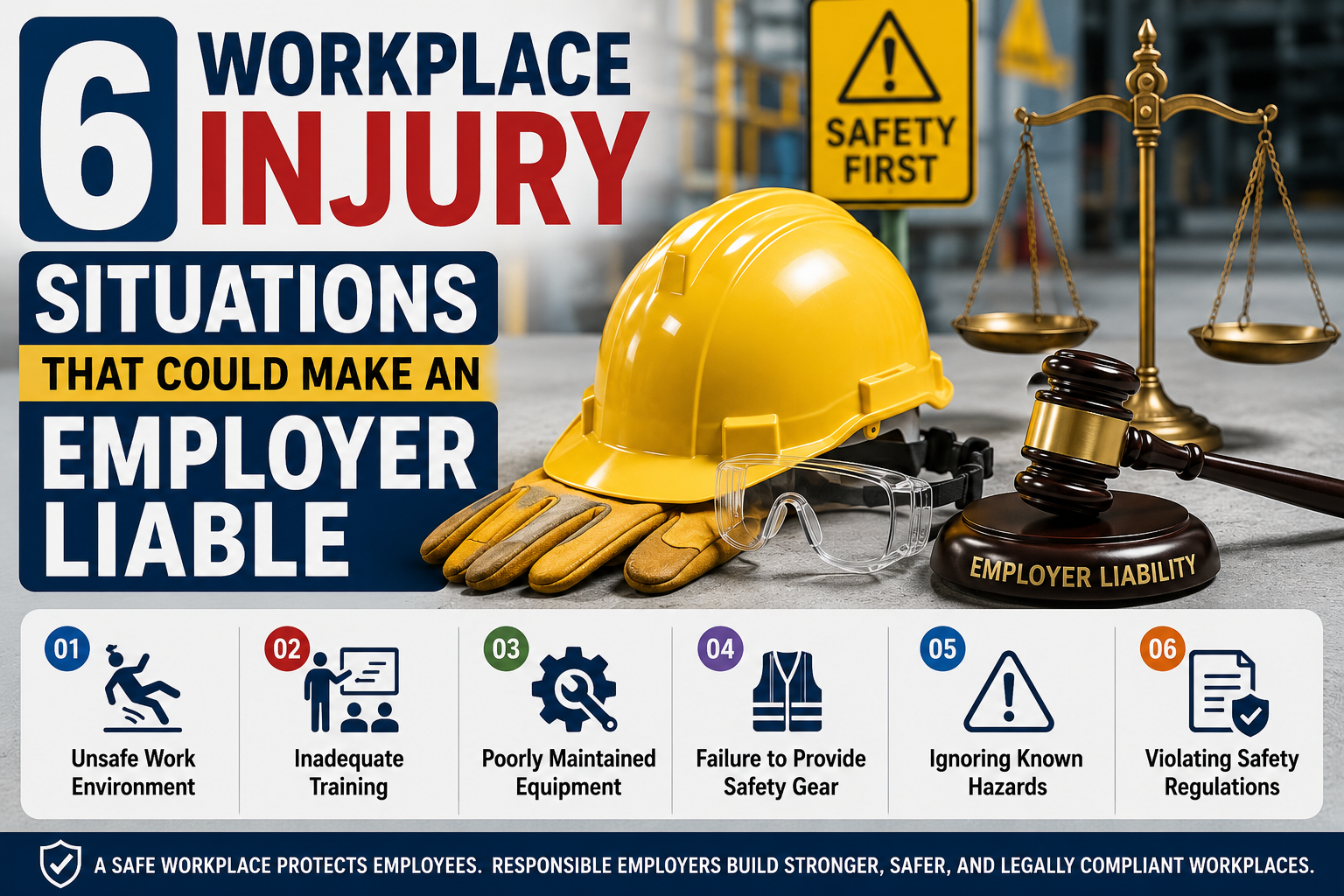 Workplace safety illustration showing protective equipment, safety signs, and employer liability concepts for preventing workplace injuries.