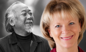 Kathleen Yamachi and Pat Morita illustrated biography cover with classic Hollywood theme