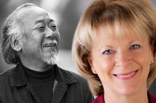 Kathleen Yamachi and Pat Morita illustrated biography cover with classic Hollywood theme