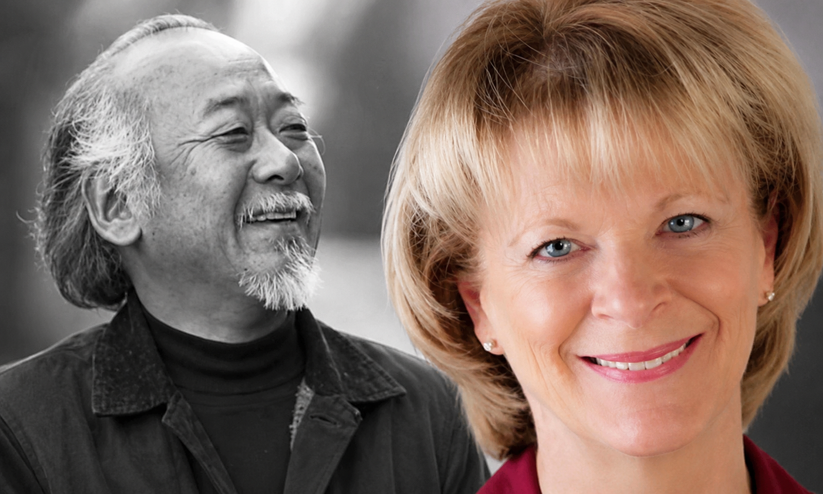 Kathleen Yamachi and Pat Morita illustrated biography cover with classic Hollywood theme