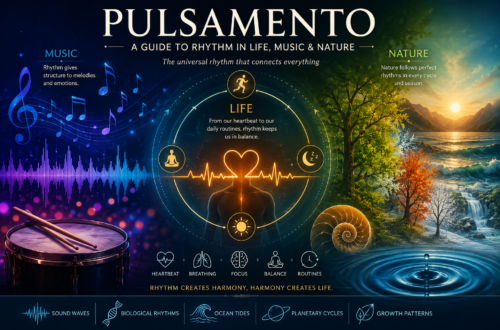 Illustration showing the concept of pulsamento through rhythm in life, music, and natural patterns.