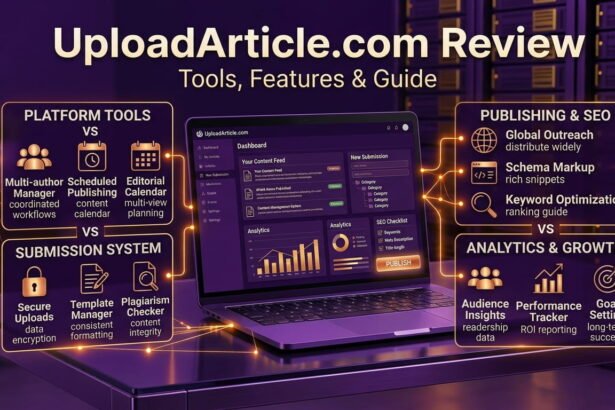 UploadArticle.com review showing article submission tools and publishing features