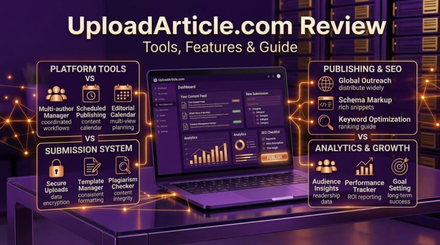UploadArticle.com review showing article submission tools and publishing features
