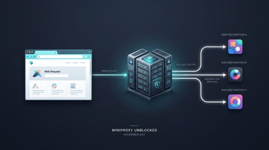 Miniproxy Unblocked web proxy concept showing browser traffic routed through a proxy server